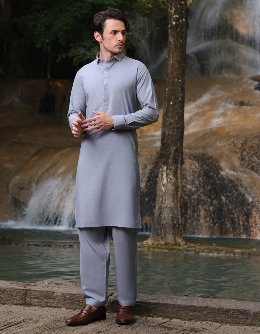 Stylish Blended Grey Shalwar Kameez by J. Junaid Jamshed - Traditional Pakistani Outfit for Men - Perfect for Weddings, Festivals & Special Occasions