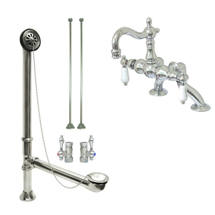 Chrome Deck Mount Clawfoot Bathtub Faucet Set with Drain Supplies and Stops - CC2004T1 System | Vintage Style Bathroom Fixture for Classic & Modern Homes