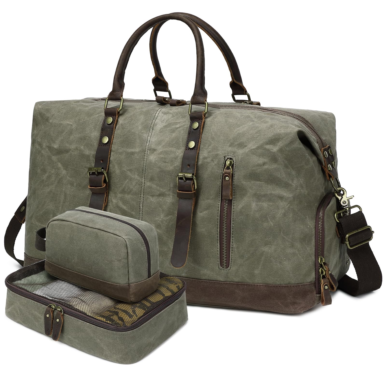 Vintage Waxed Canvas Duffel Bag for Men - Leather Weekender Travel Bag with Shoe Compartment & 2 Packing Cubes, Waterproof Overnight Duffle for Camping, Gym, Sports and Business Trips (Green)