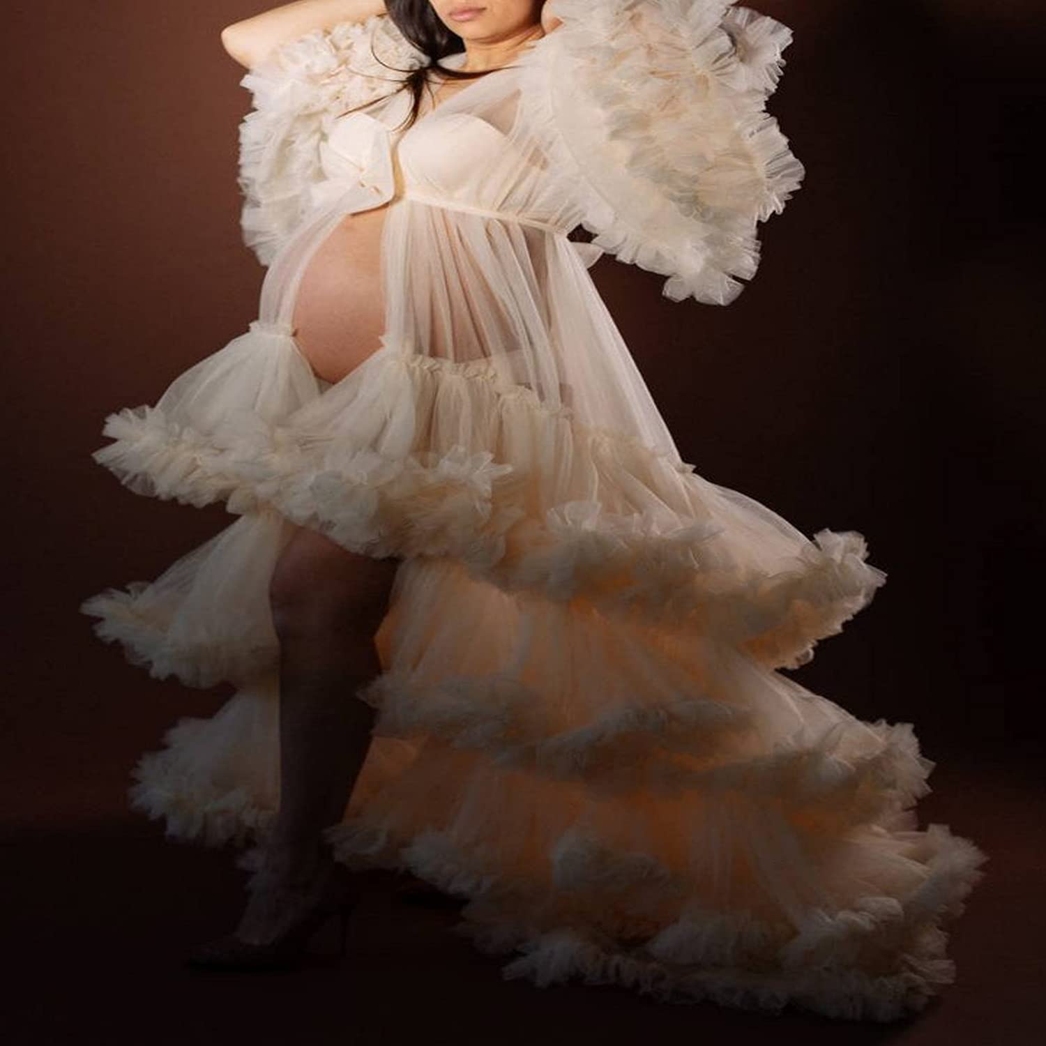 Elegant Tulle Robe Dress - Long Nightgown & Bathrobe for Women, Maternity Sleepwear Gown, Perfect for Pregnancy Photoshoot & Bridal Boudoir Photography