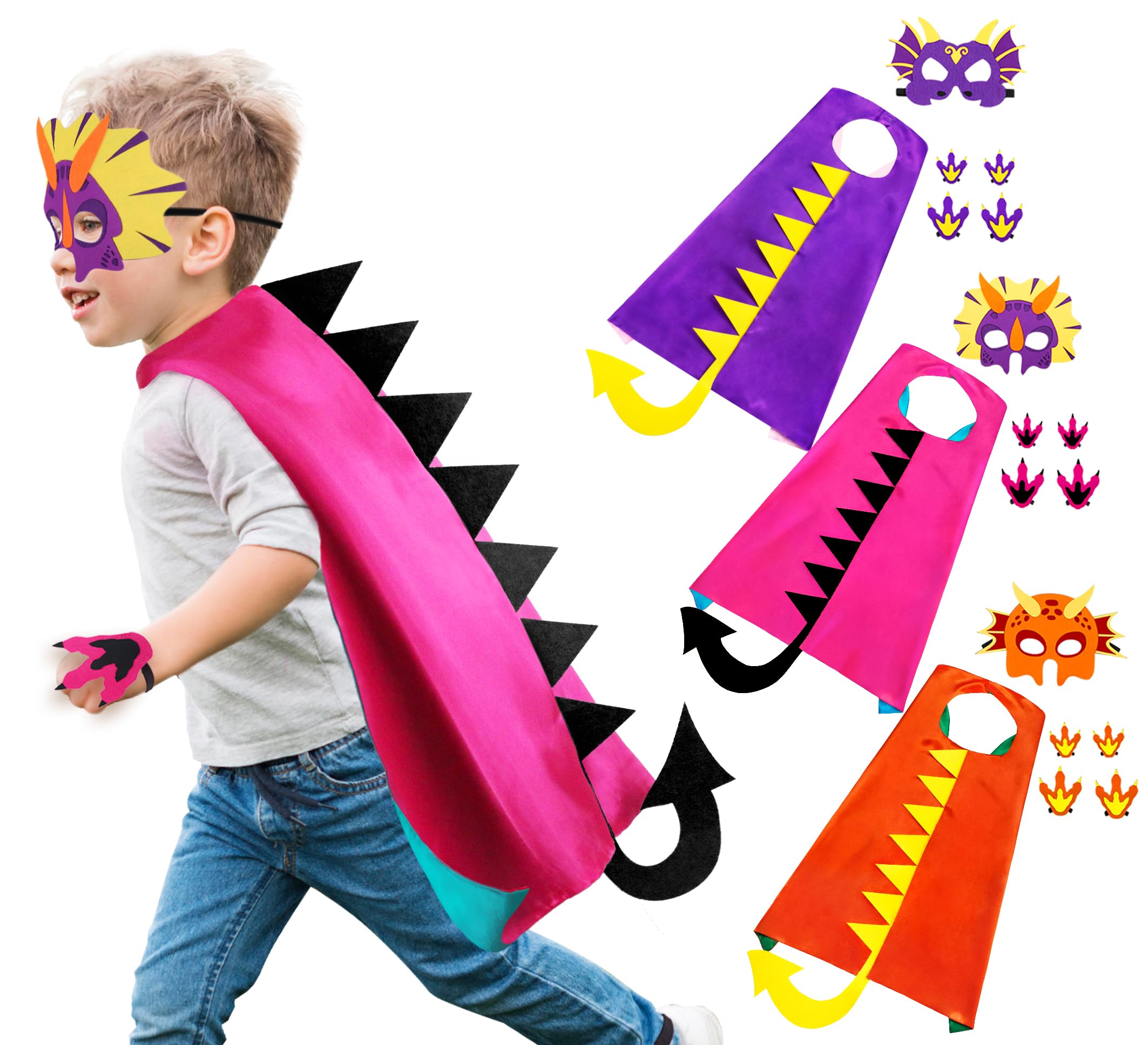 iROLEWIN Kids Dinosaur Costume Set - 3 Pack Dragon Capes with Tails, Dino Masks & Claws for Dress Up, Halloween Party, Pretend Play - Perfect Gift for Toddlers & Children