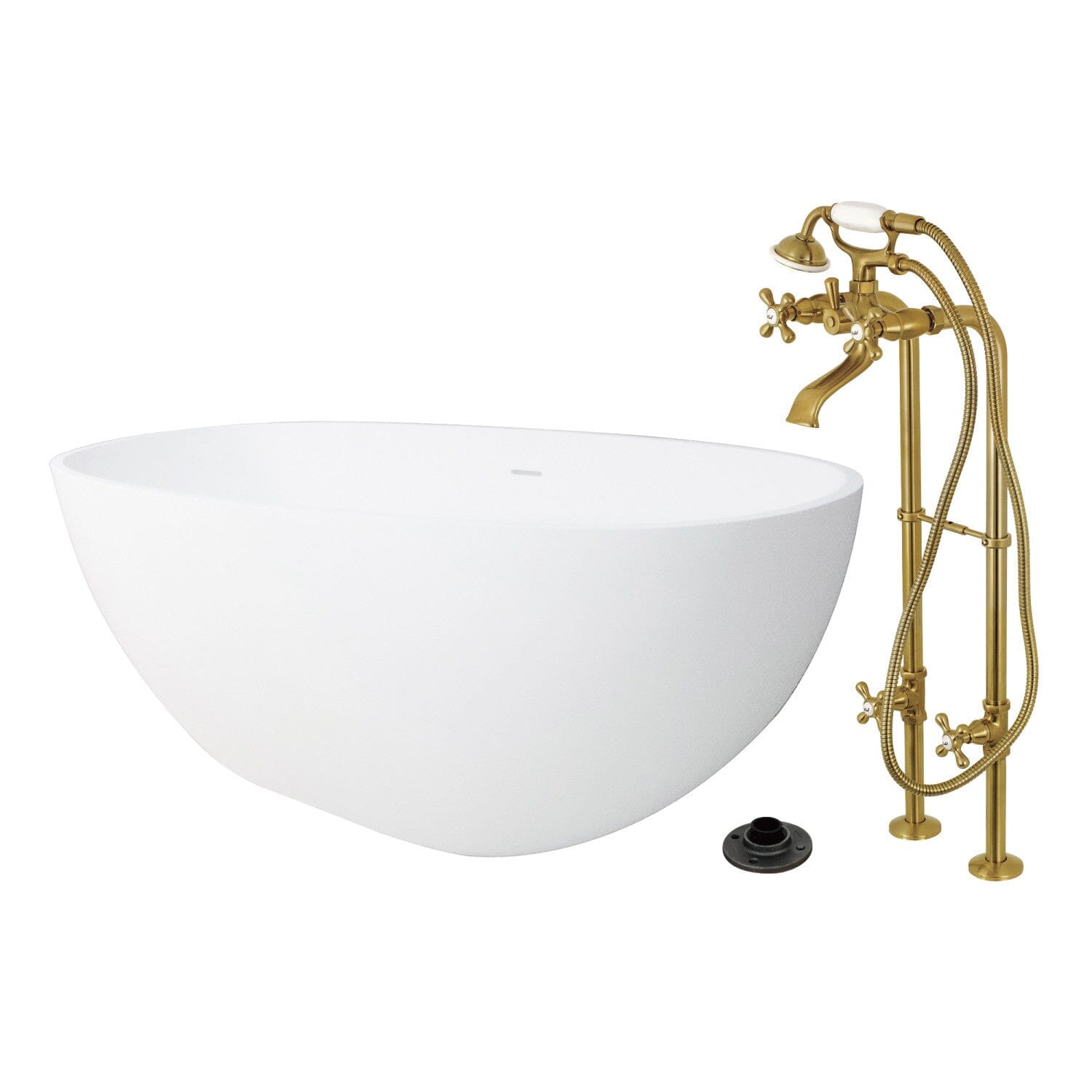 Arcticstone 65 Inch Solid Surface Oval Freestanding Bathtub with Faucet & Drain - Luxury Double Ended Soaking Tub for Spa Bathroom & Master Suite Relaxation