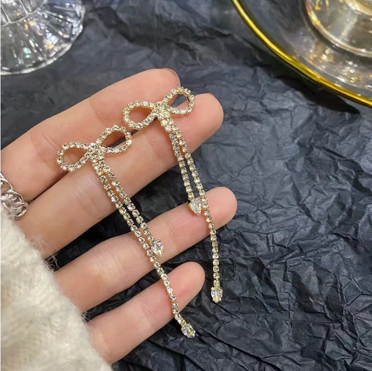 Elegant Silver Needle Long Bow Tie Stud Earrings for Women - Sparkling Full Jeweled Design - Perfect for Parties, Weddings & Special Occasions