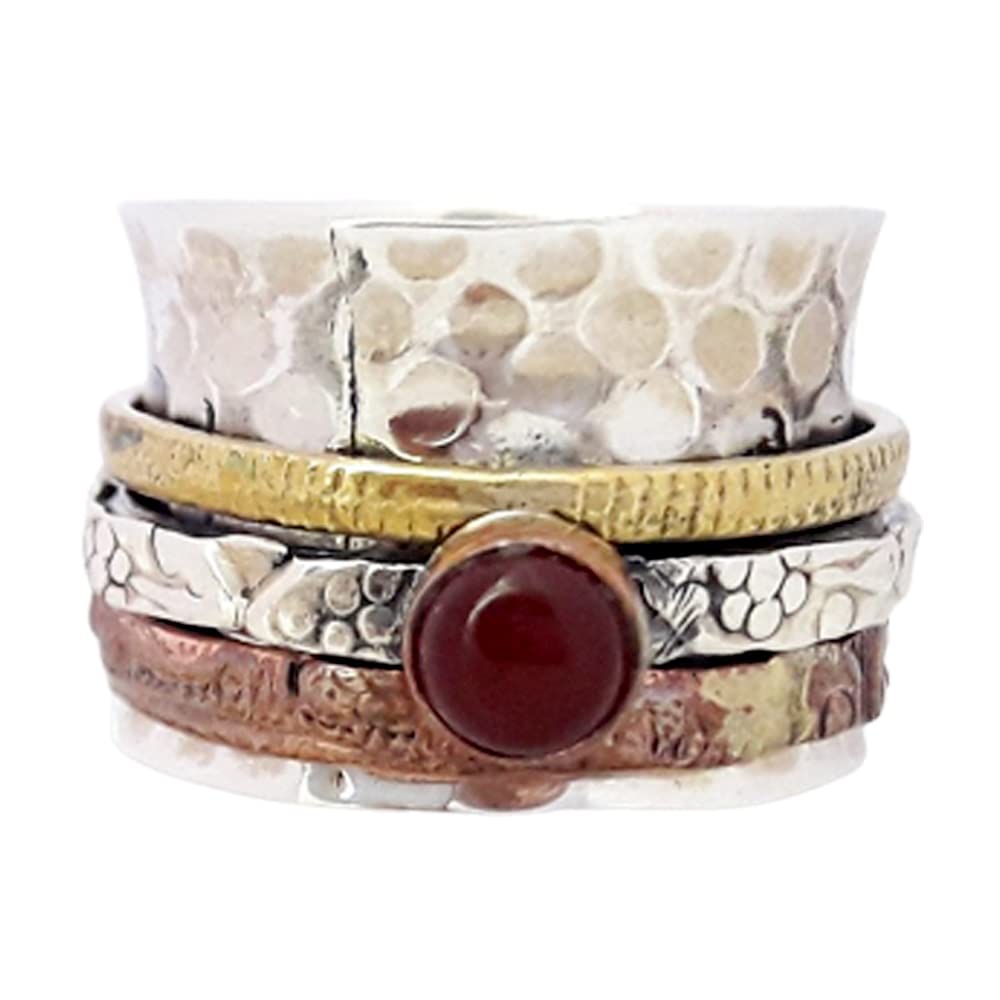 Hammered Meditation Spinner Ring for Anxiety Relief - Sterling Silver Red Onyx Gemstone Boho Chunky Textured Ring | Handmade Stress Relief Jewelry Gift for Women & Men | Perfect for Yoga, Mindfulness & Daily Wear