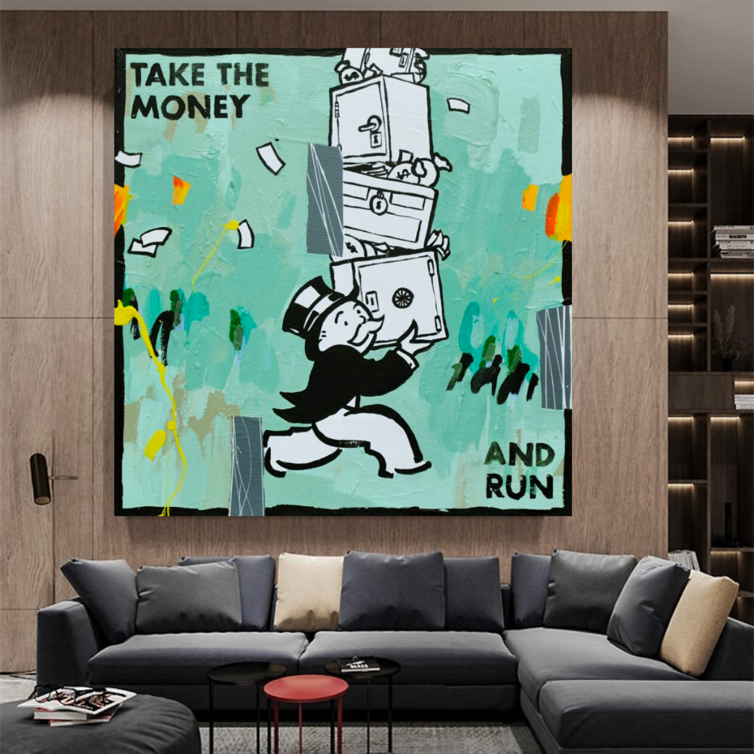 Alec Monopoly 'Take The Money And Run' Canvas Wall Art - Modern Pop Art Home Decor for Living Room, Bedroom & Office