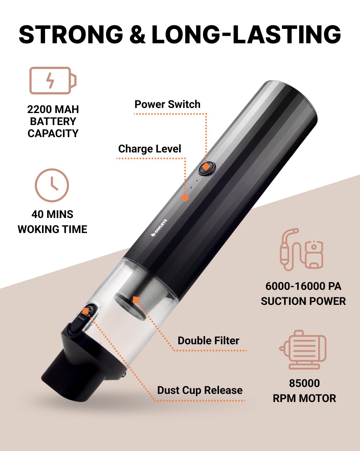 Portable Car Vacuum Cleaner - 12V Cordless Handheld Auto Vacuum for Cars, Trucks & SUVs | Powerful 6000PA Suction | Hard Black | Compact & Lightweight | Ideal for Cleaning Seats, Mats & Tight Spaces