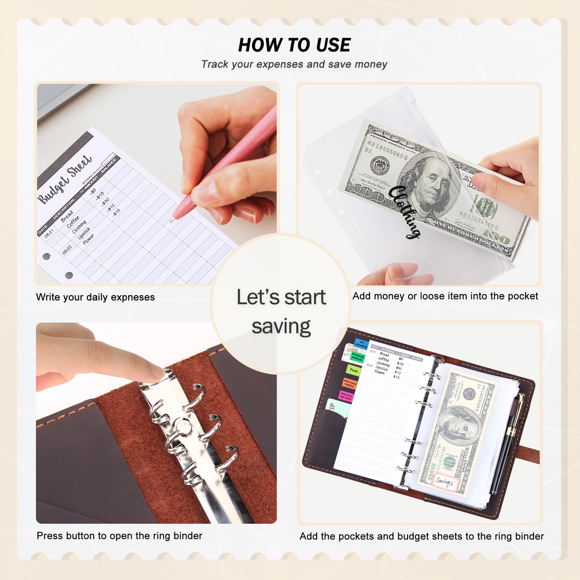 Premium Handmade Leather A6 Binder Budget Planner with Cash Envelopes - Money Saving Organizer for Cash & Budget Tracking - Perfect for Personal Finance, Travel, and Office Use