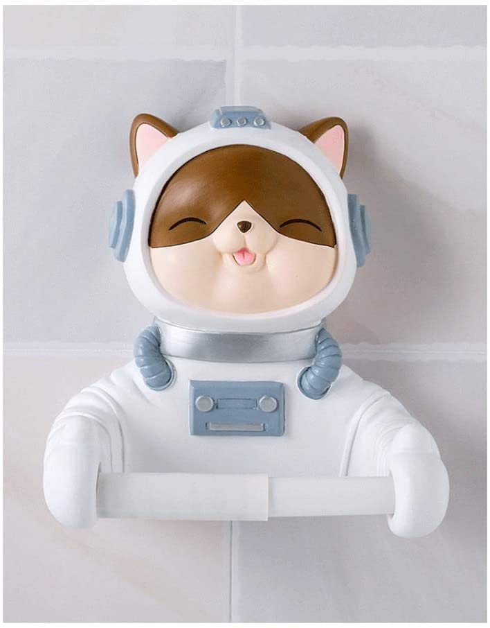 Wall-Mounted Toilet Paper Holder with Cartoon Spaceman Cat Design - No Punch Free Hanging Bathroom Tissue Box Storage Organizer - White Modern Bathroom Decor for Home, Apartment & RV Use
