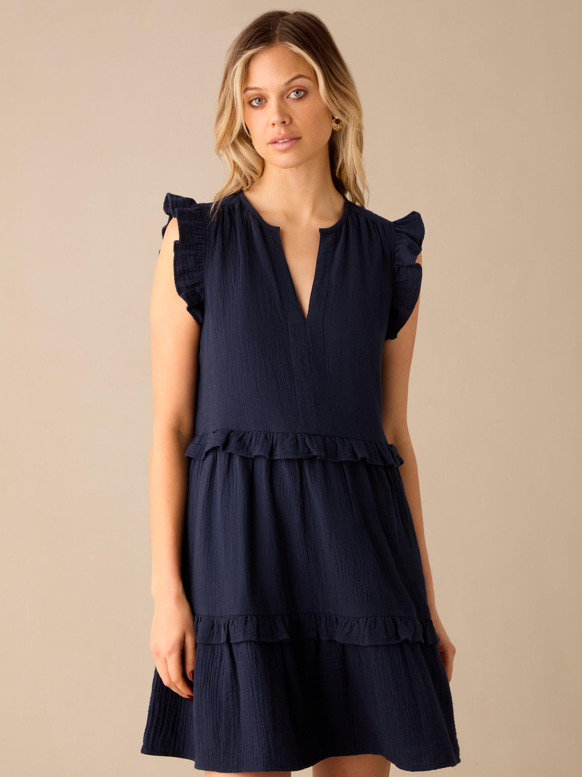 Navy Blue Cheesecloth Dress with Frill Detail - Boho Chic Summer Beach Dress for Women