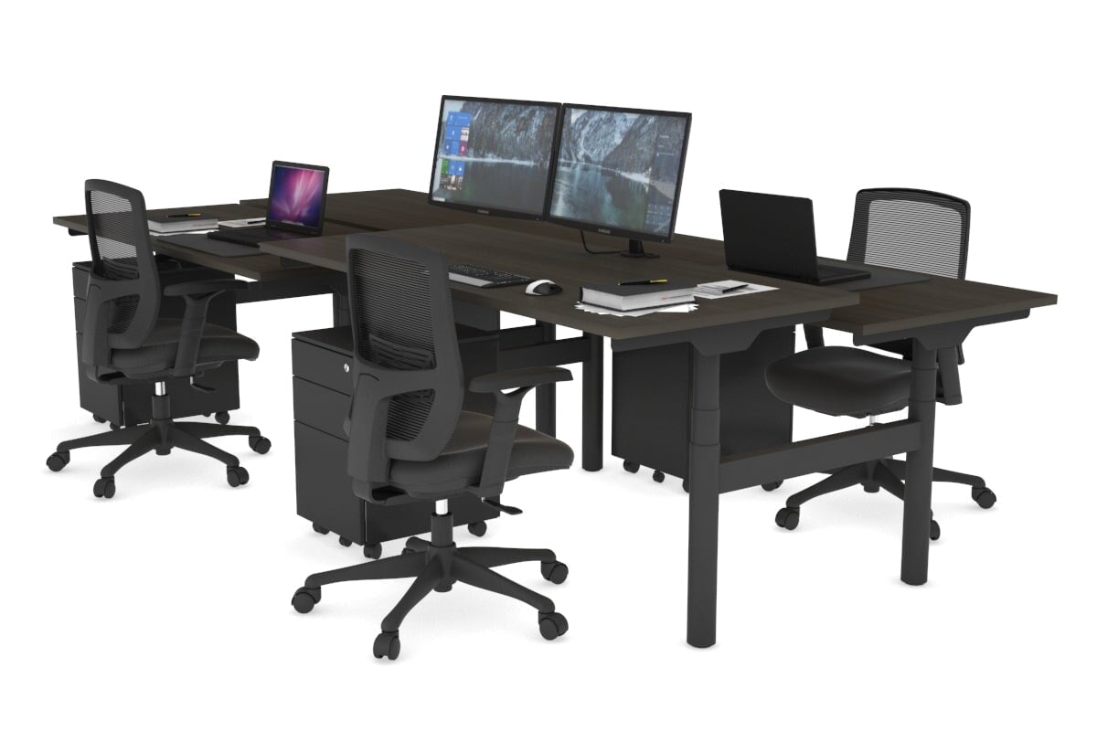 Flexi Premium Height Adjustable 4-Person H Bench Workstation - Black Frame [1400L x 700W] - Ideal for Office, Coworking Spaces & Home Workstations