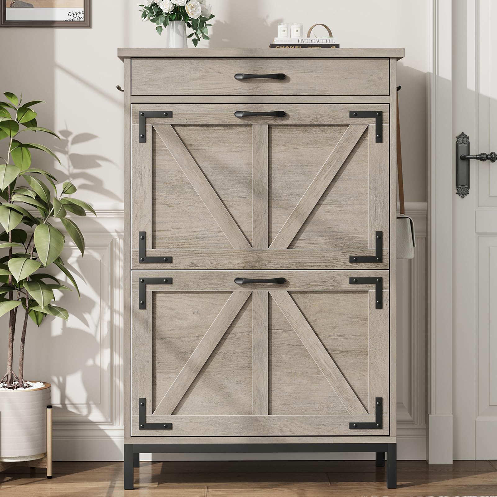 Farmhouse Narrow Shoe Cabinet with 2 Flip Drawers - Hidden Entryway Shoe Storage Organizer, Free Standing Slim Shoe Rack for Hallway, Foyer & Door Entry (Grey) - Perfect for Small Spaces & Clutter-Free Home Organization