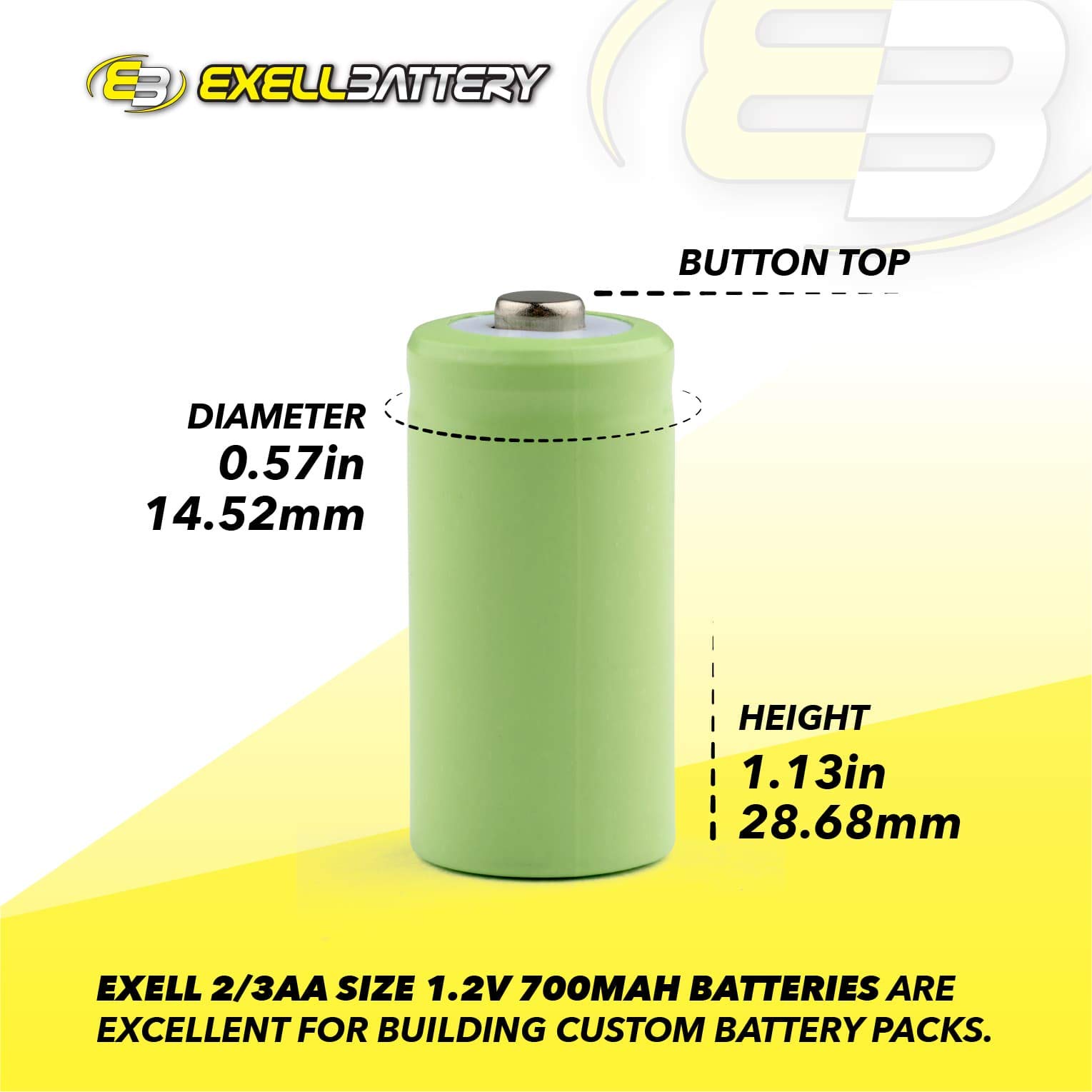 5-Pack Exell 1.2V 700mAh 2/3AA NiMH Rechargeable Button Top Batteries - Compatible with Dust Busters, Handheld Data Loggers, Gas Meters - Perfect for Home Cleaning Tools & Industrial Measuring Devices