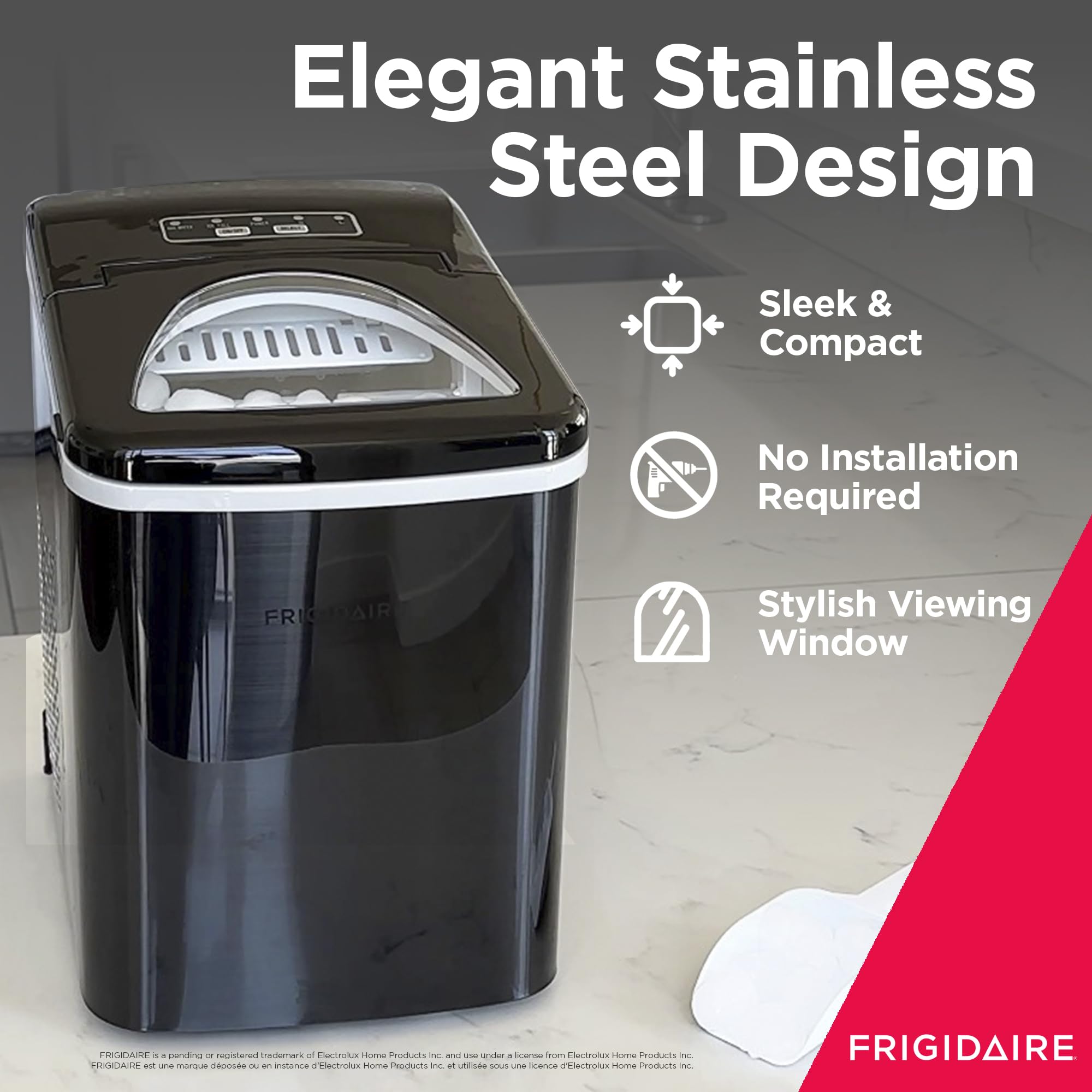 Frigidaire EFIC117-SSBLACK 26 Lbs Portable Ice Maker Machine - Compact Stainless Steel Countertop Ice Maker for Home, Office, RV & Outdoor Use - Black Stainless Steel Finish
