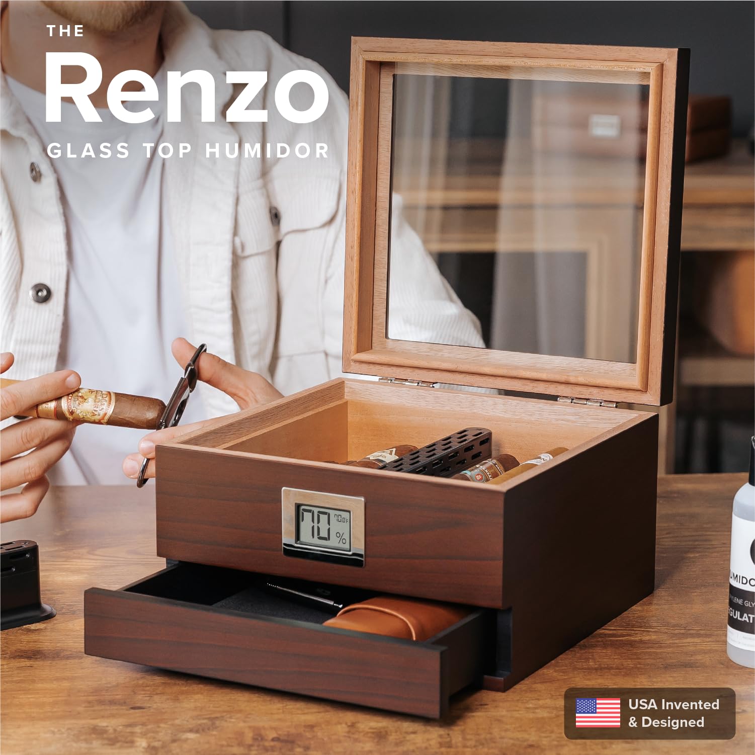 Premium Renzo Glass Top Humidor Set with Cigar Lighter & Cutter - Luxury Travel Case Bundle for Cigar Aficionados | Perfect for Home, Office & Gifting