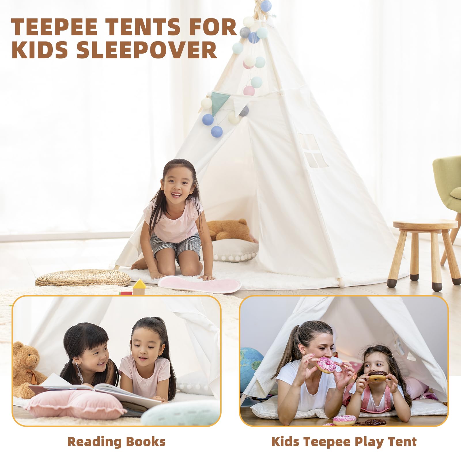 Wholelovein 6-Piece Kids Teepee Play Tent - Foldable & Washable Boho Playhouse for Girls & Boys - Perfect for Indoor Play, Sleepovers, Birthday Parties & Nursery Decor (White)