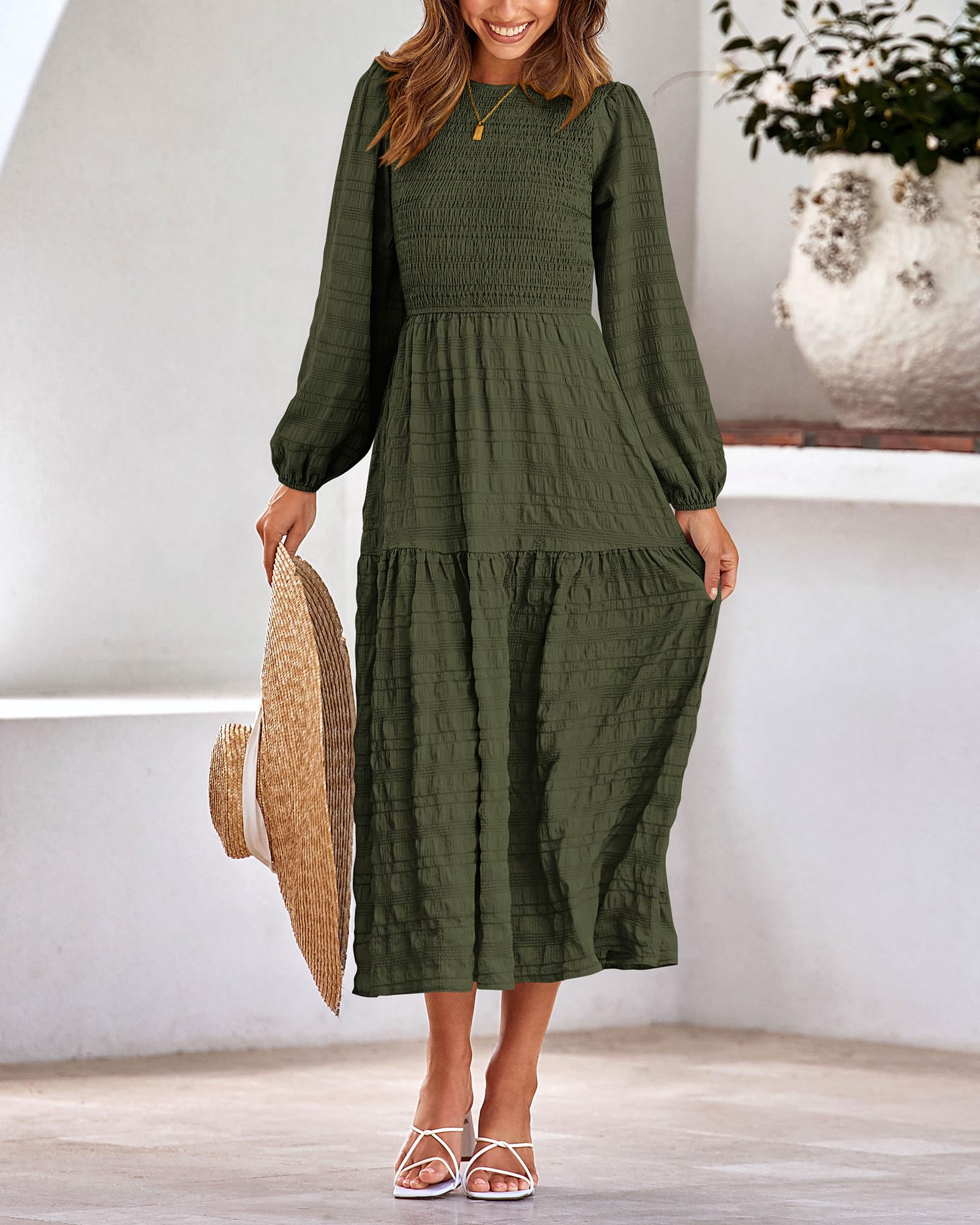 Dowerme Women's Boho Maxi Dress 2025 - Long Sleeve Smocked Tiered A-Line Wedding Party Dress for Spring | Perfect for Beach Weddings, Garden Parties & Special Occasions