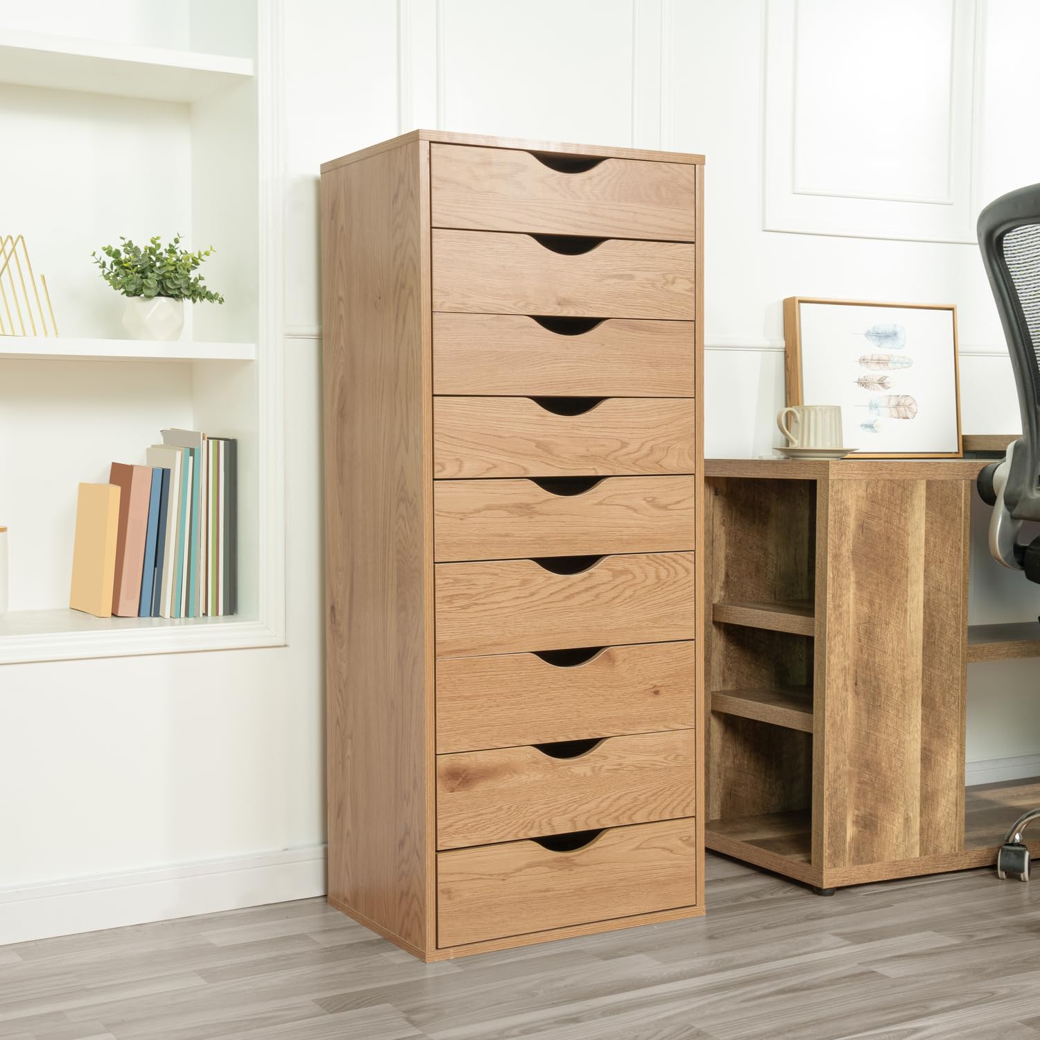 Naomi Home 9-Drawer Dresser for Bedroom - Stylish Tall Makeup Vanity with Storage Shelves, Small Closet Organizer (200 lbs Capacity) in Natural Finish - Perfect for Bedroom Storage & Makeup Organization