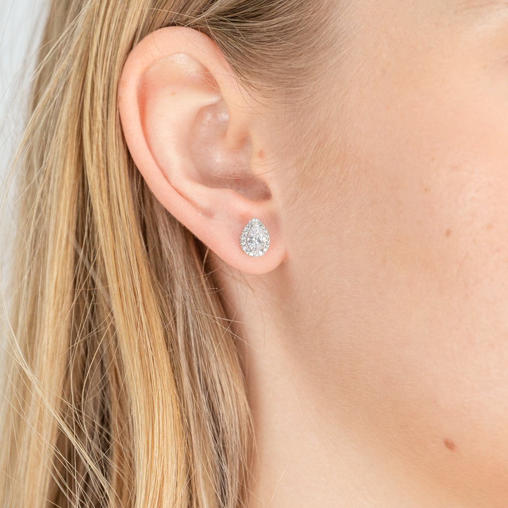 9ct White Gold Zirconia Pear Shape Halo Stud Earrings - Elegant Jewelry for Women, Perfect for Weddings, Parties & Special Occasions