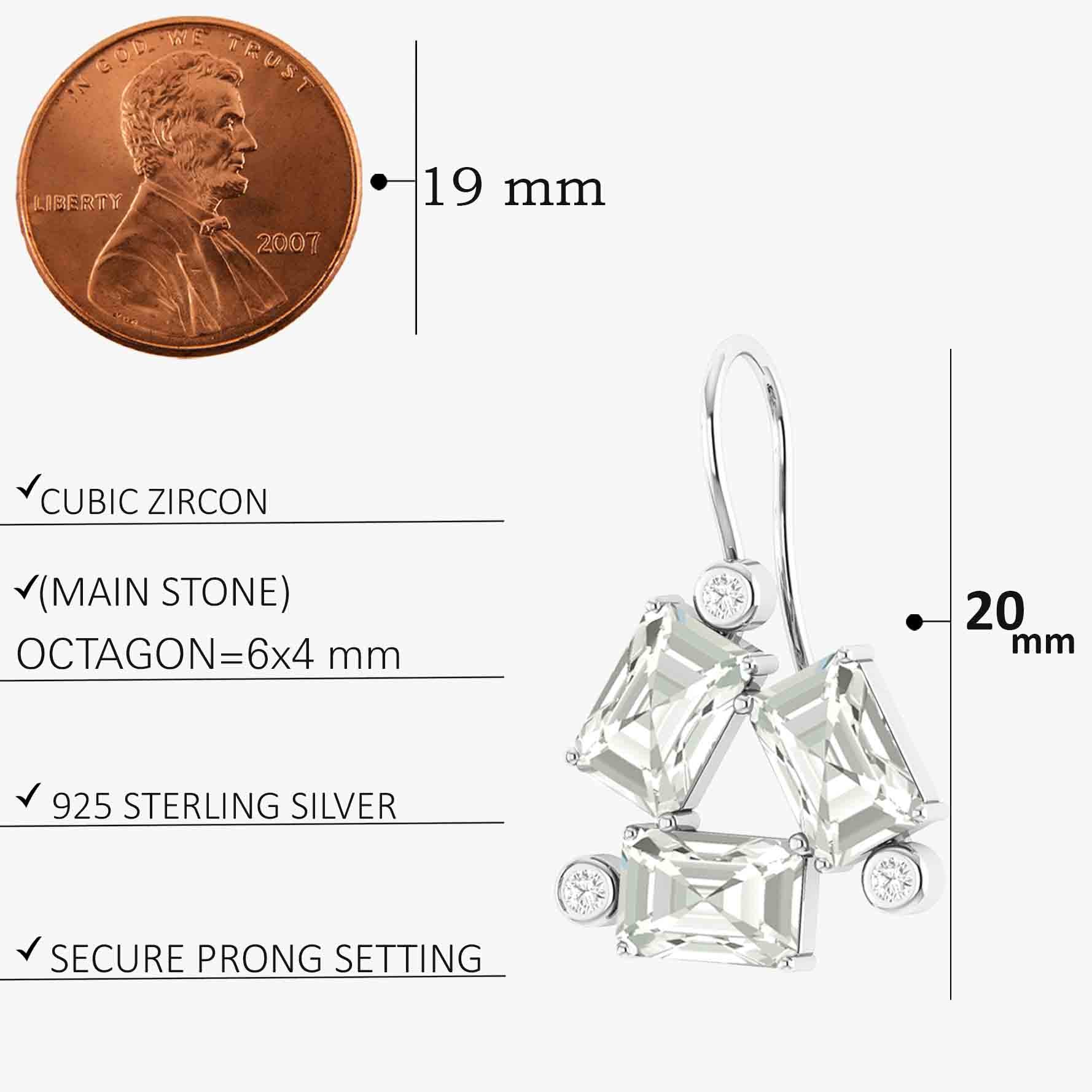 White CZ Octagon Stone Dangle Earrings for Women – Elegant Cubic Zirconia Drop Earrings for Party, Wedding & Evening Out