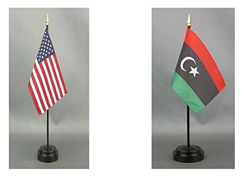 Libya Desk Flag Set - American Made 4x6 Inch Rayon Office Desk & Hand Waving Table Flags - Includes US and Libya Flags with 2 Stands - Perfect for Office Decor, International Events, and Patriotic Displays