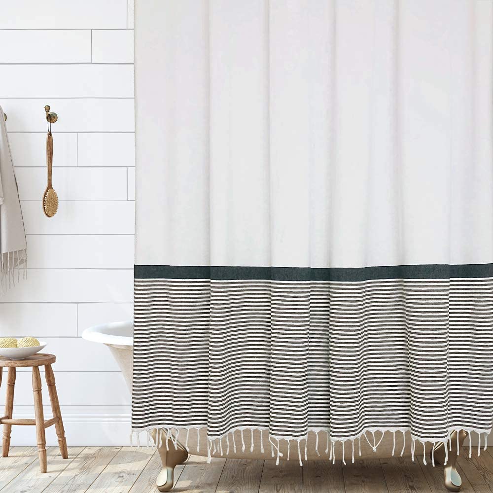 KiKiYe Modern Farmhouse Tassel Shower Curtain - 100% Cotton Striped Bathroom Decor with Elegant Tassels, 72x72 Inches, Tan - Perfect for Vintage, Boho & Farmhouse Style Bathrooms