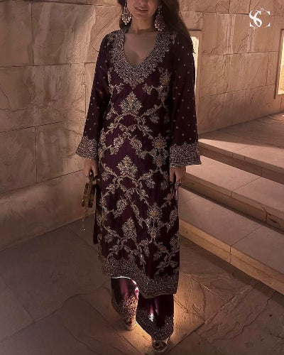 Plum Chinon Silk Embroidered Sequins Salwar Suit Set for Women | Indian Ethnic Wear for Weddings & Festivals | Elegant Party Outfit & Special Occasion Dress