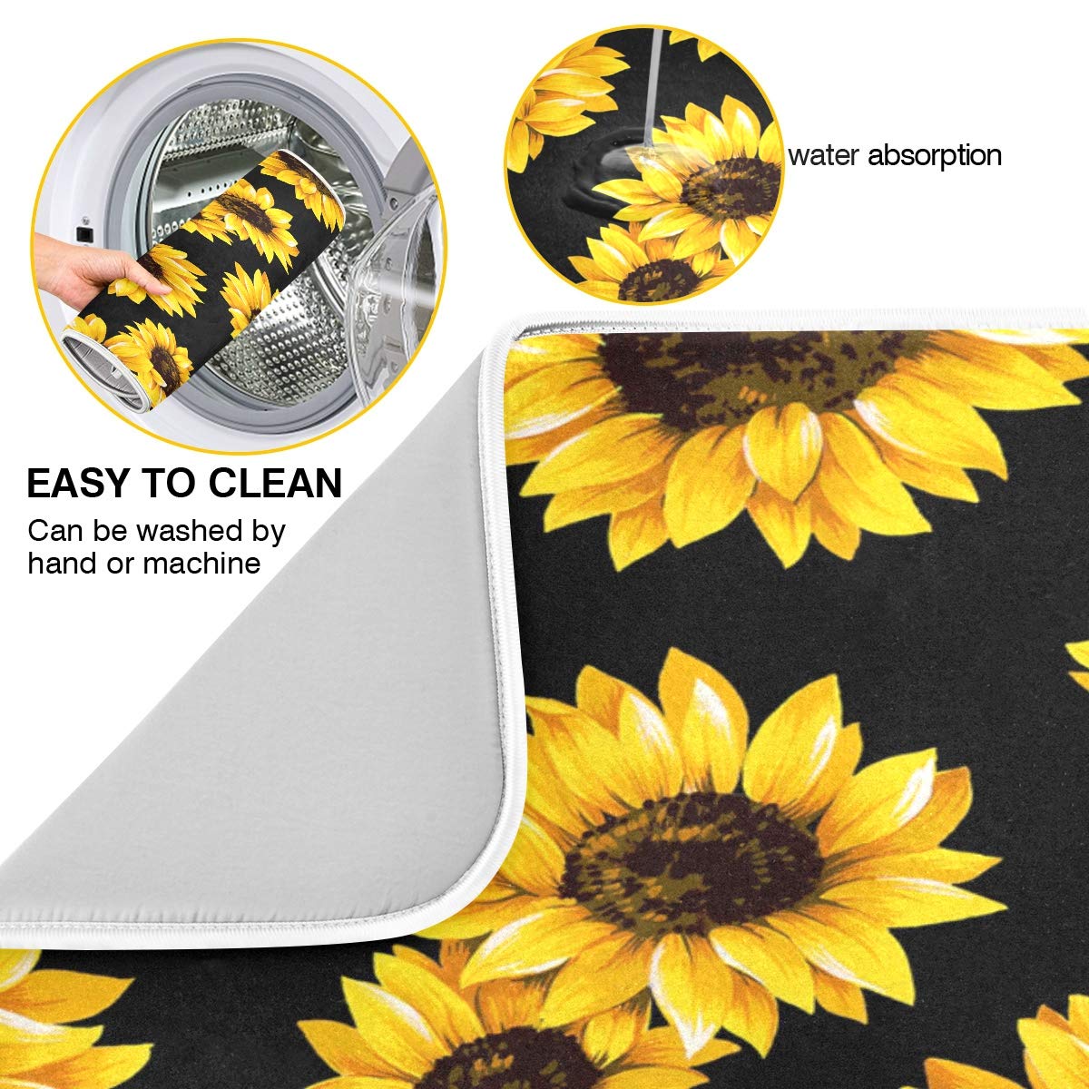 Sunflower Dish Drying Mat - Absorbent Microfiber Kitchen Pad (16x18