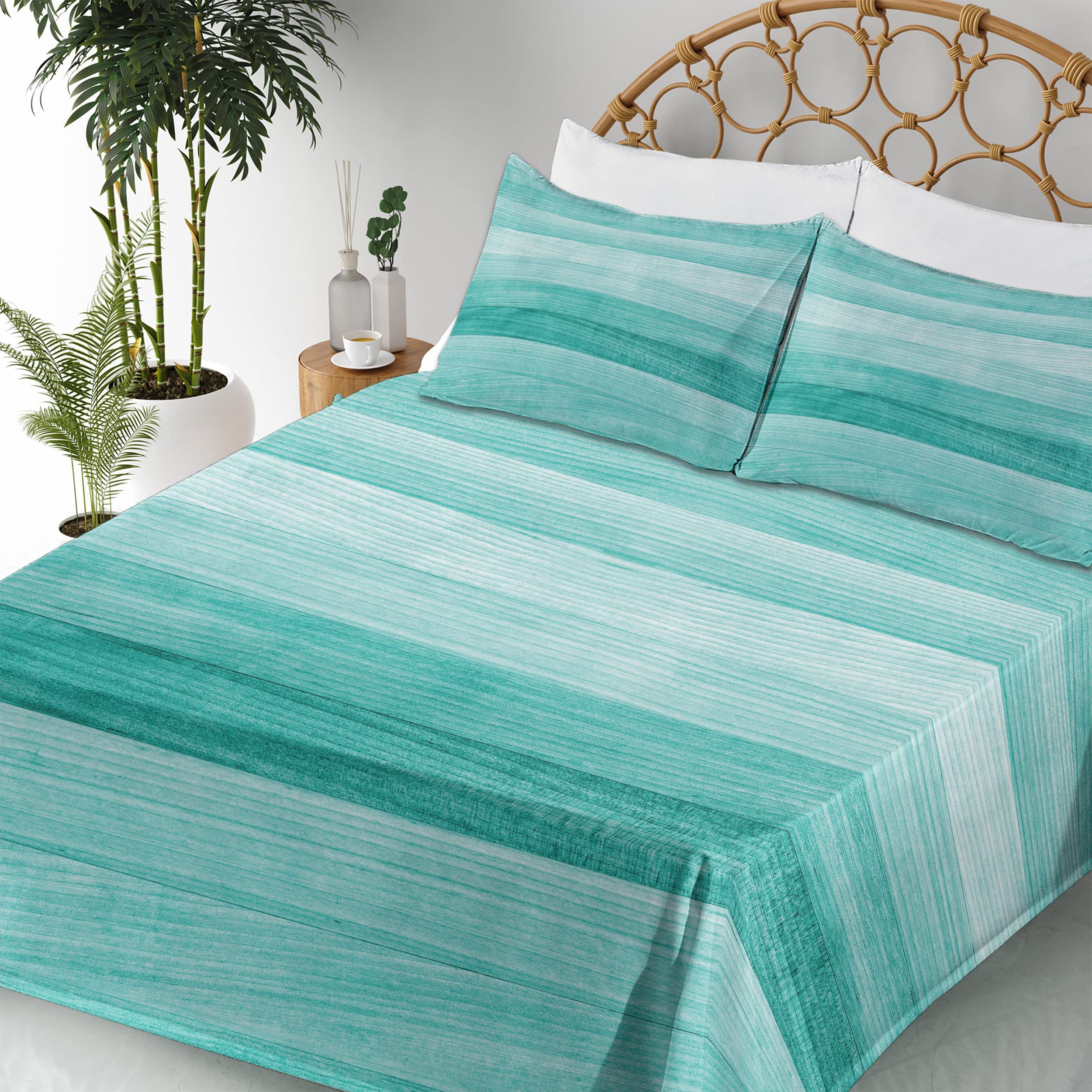 Ambesonne 4-Piece Teal Sheet Set with Painted Wood Board Print - Fitted Sheet, Flat Sheet & 2 Pillowcases - Turquoise Bedding for Easter, Holidays & Birthday Decor - Perfect for Guest Rooms, Dorms & Cozy Bedroom Makeovers