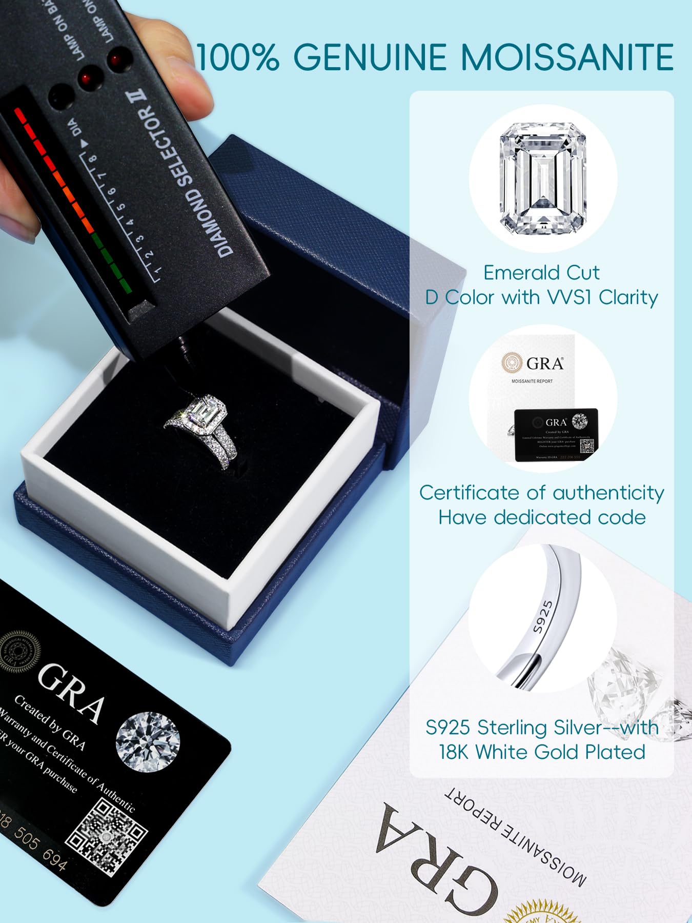 1.99-3.30 Carat Emerald Cut Moissanite Engagement Ring Set for Women - D Color VVS1 Clarity, S925 Sterling Silver with 18K White Gold Plated Wedding Band - Perfect for Proposals, Anniversaries & Bridal Jewelry Gifts