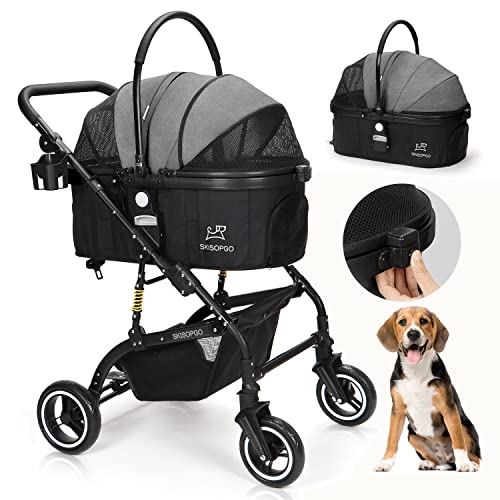 SKISOPGO 3-in-1 Foldable Pet Stroller for Small & Medium Dogs & Cats - Detachable Carrier, Lightweight Travel Pet Gear (Black & Gray) - Perfect for Park Walks, Shopping Trips & Vet Visits