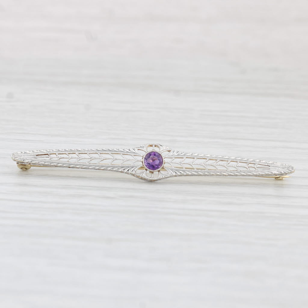 0.20ct Natural Amethyst Solitaire Art Deco Vintage Bar Brooch - 14k Gold & Platinum Pin for Women - Elegant Jewelry Gift for Weddings, Parties & Special Occasions