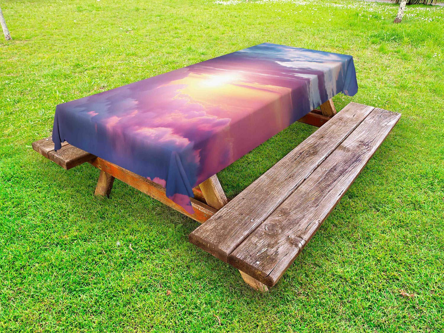 Ambesonne Sun Outdoor Tablecloth - Surreal Sky with Fluffy Clouds Dreamy Horizon Design, Washable Picnic Table Cover 58
