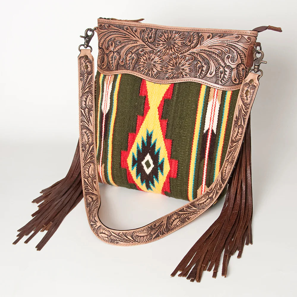 Handcrafted Green Aztec Leather Crossbody Bag for Women - Boho Chic Tribal Purse with Tooled Detailing | Perfect for Festivals, Travel & Everyday Use