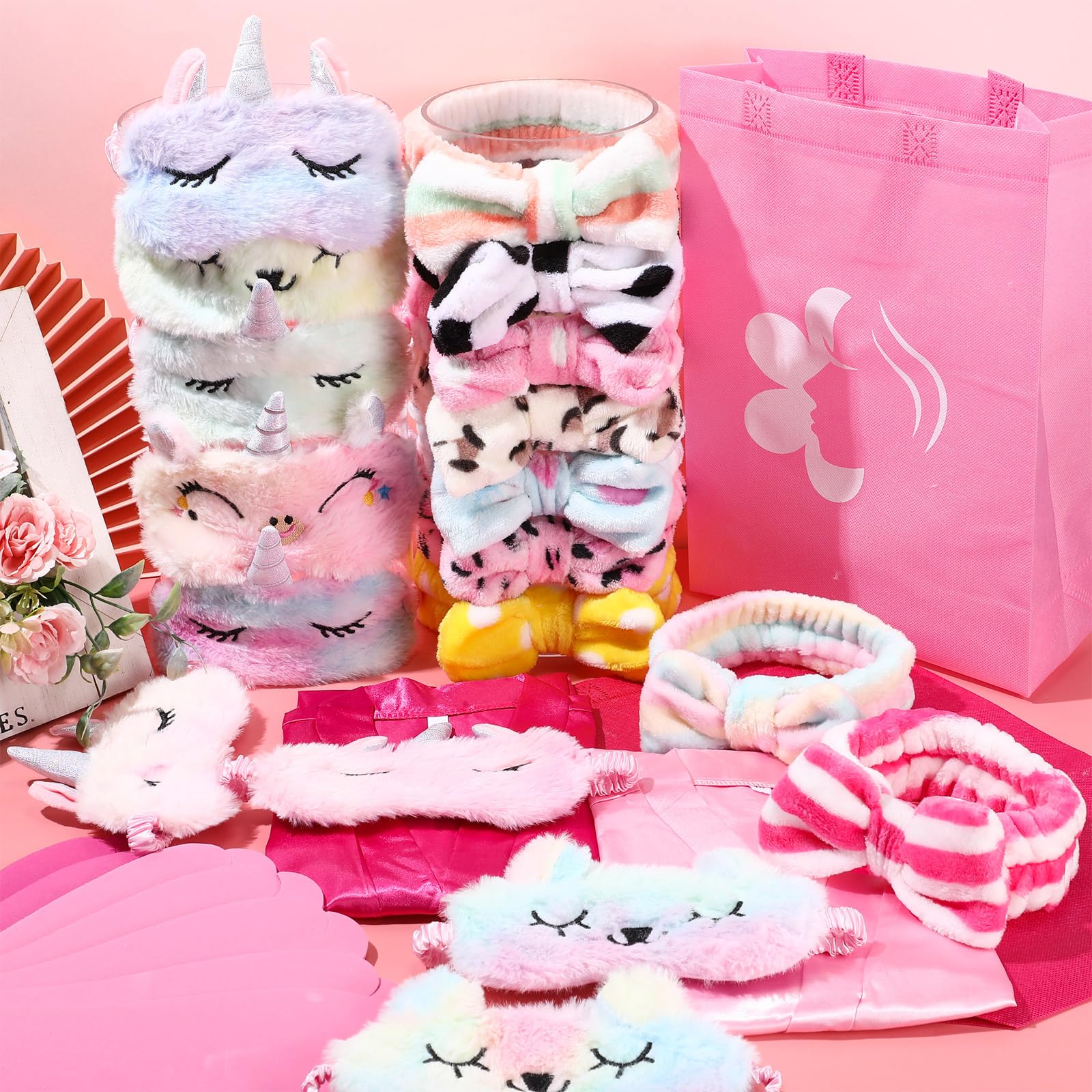 Bonuci 50 Pcs Spa Party Supplies Kit for Girls - 10 Satin Robes & 10 Kids Slippers - Sleepover Birthday Party Favors - Perfect for Spa Themed Parties, Girls Night & Birthday Celebrations