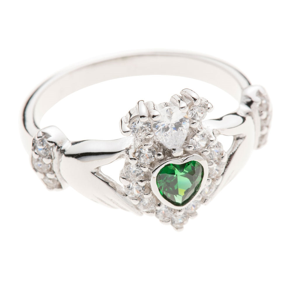 Galway Crystal Jewelry - Green Crystal Sparkle Claddagh Sterling Silver Ring for Women | Irish Heritage Gift, Wedding, Engagement & Anniversary Jewelry