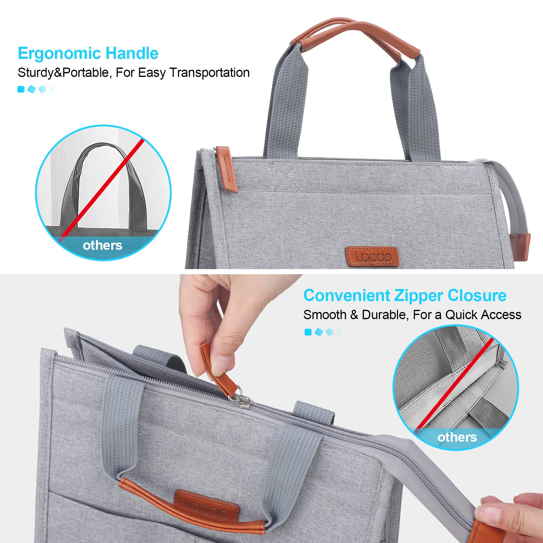 Lacdo Insulated Lunch Bag for Women & Men - Waterproof Reusable Lunch Tote with Pockets - Soft Cooler for Work, Office, Travel, Picnic & Outdoor Activities - Gray