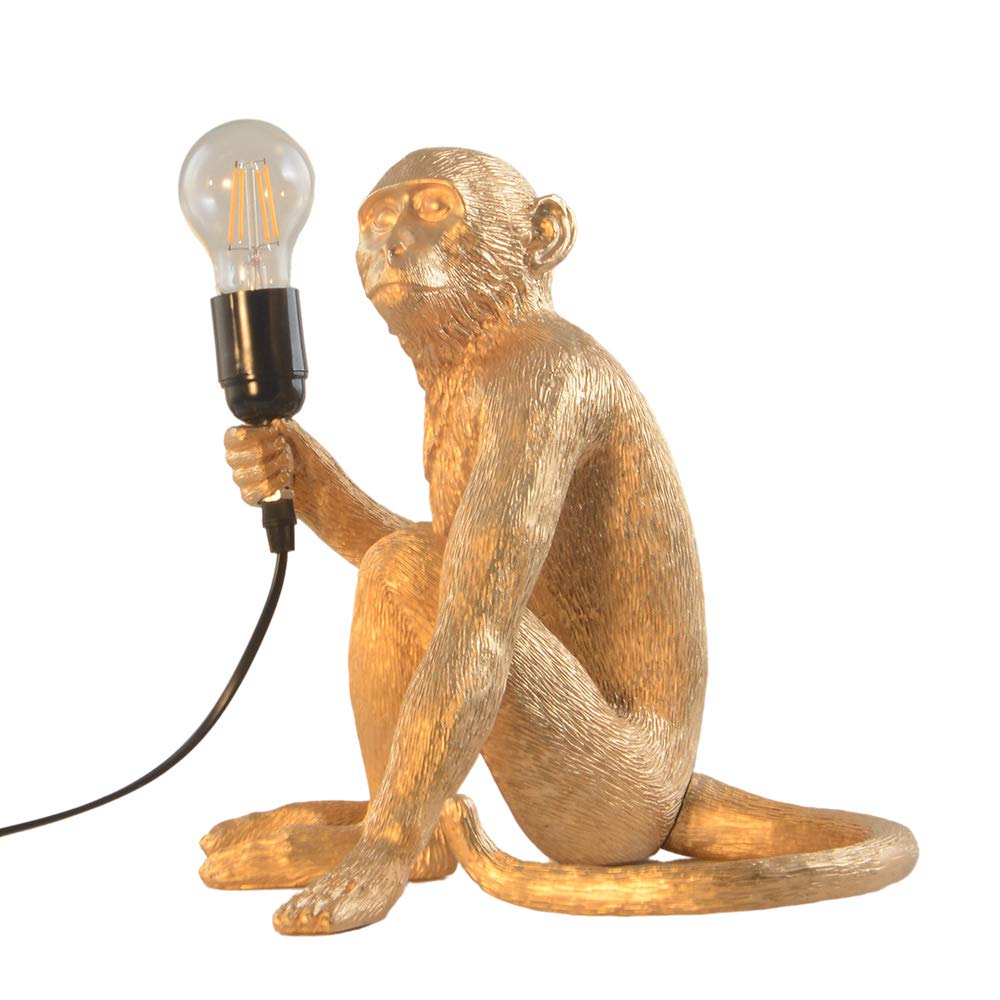 Golden Monkey Table Lamp - LED Resin Sitting Monkey Night Light for Bedroom, Living Room, Kids Room - Warm White Decorative Lighting for Home & Office