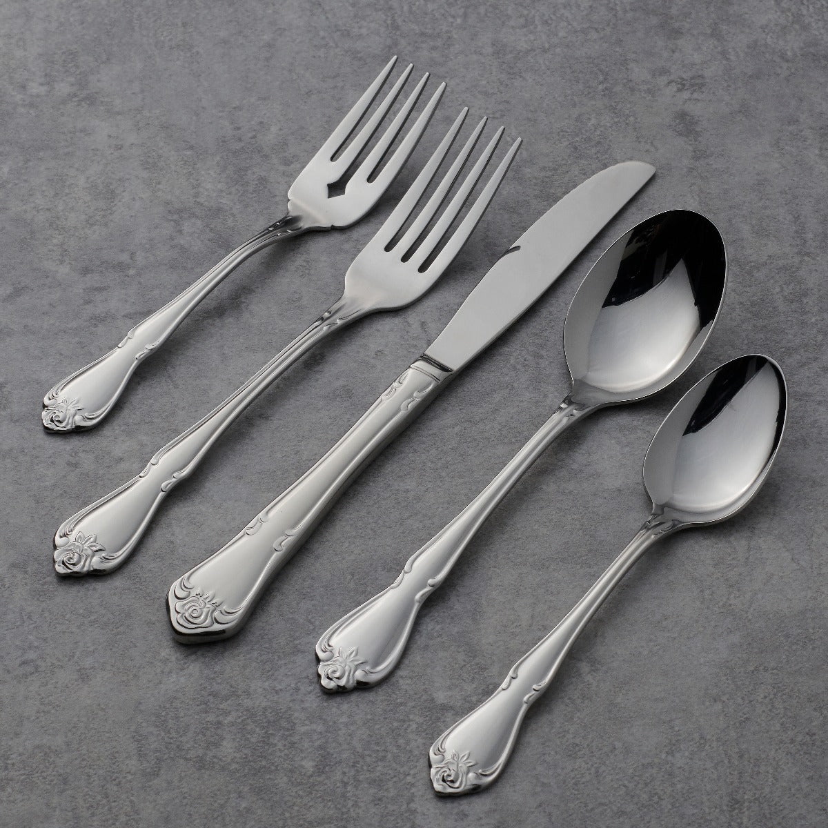 True Rose 45-Piece Flatware Set - Stainless Steel Silverware Set for 8, Elegant Dinnerware Cutlery Set for Wedding, Holiday, and Everyday Dining