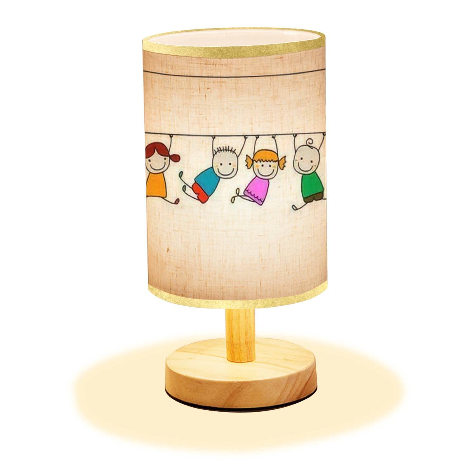Minimalist Wooden Nightstand Lamp with Flaxen Fabric Shade - Happy Kids Design Bedside Table Lamp for Bedroom, Living Room & Nursery - Perfect for Reading, Relaxing & Creating Cozy Atmosphere