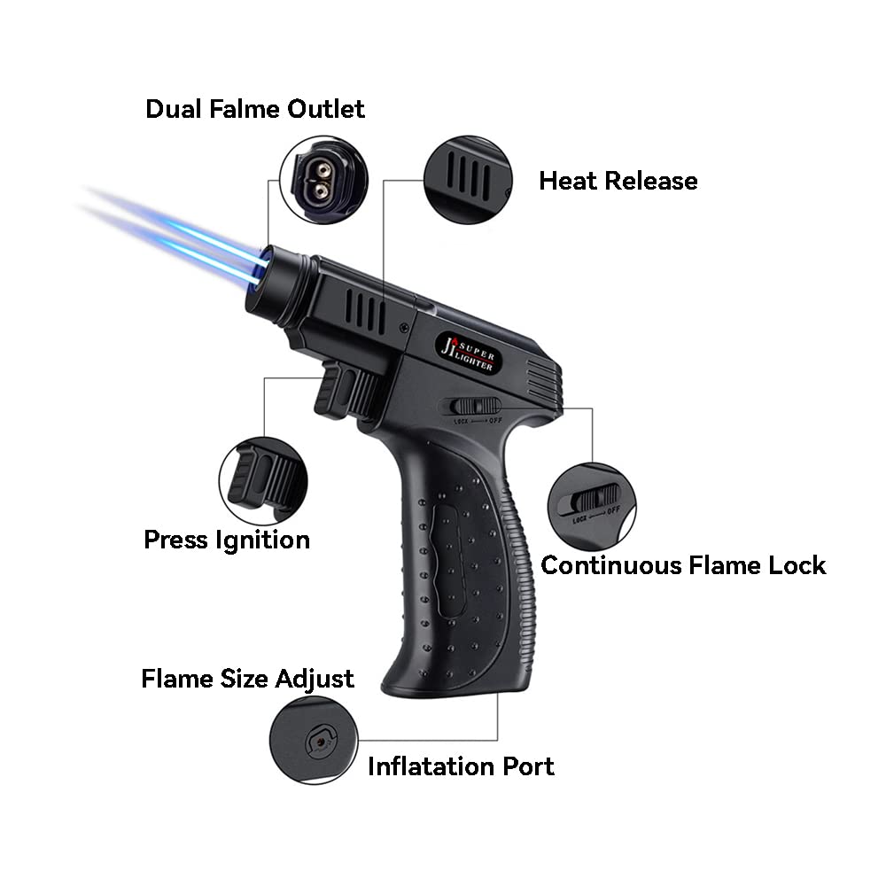 Refillable Dual Flame Butane Torch Lighter for Cooking, Baking & BBQ - Perfect for Creme Brulee, Desserts, Dabbing & Soldering - Kitchen Torch Gun Hand Lighter (Butane Not Included)