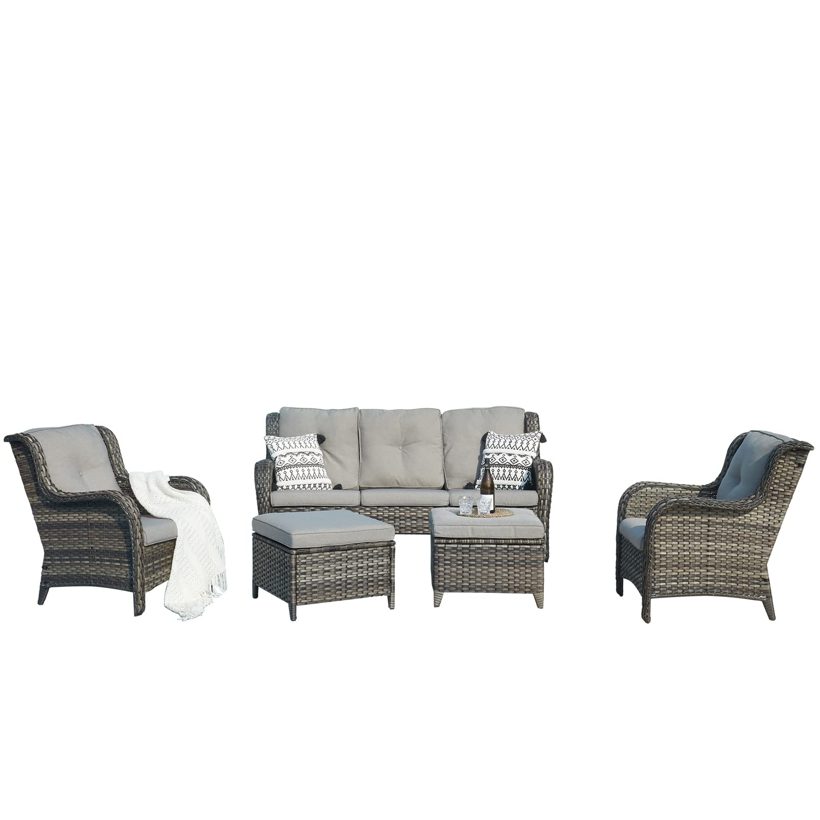 5-Piece Outdoor Patio Wicker Furniture Set - Rattan Sectional Sofa with 3-Seat Couch, 2 Armchairs & 2 Ottoman Footrests - Grey/Grey Mix - Perfect for Garden, Backyard, Poolside & Outdoor Conversation Areas