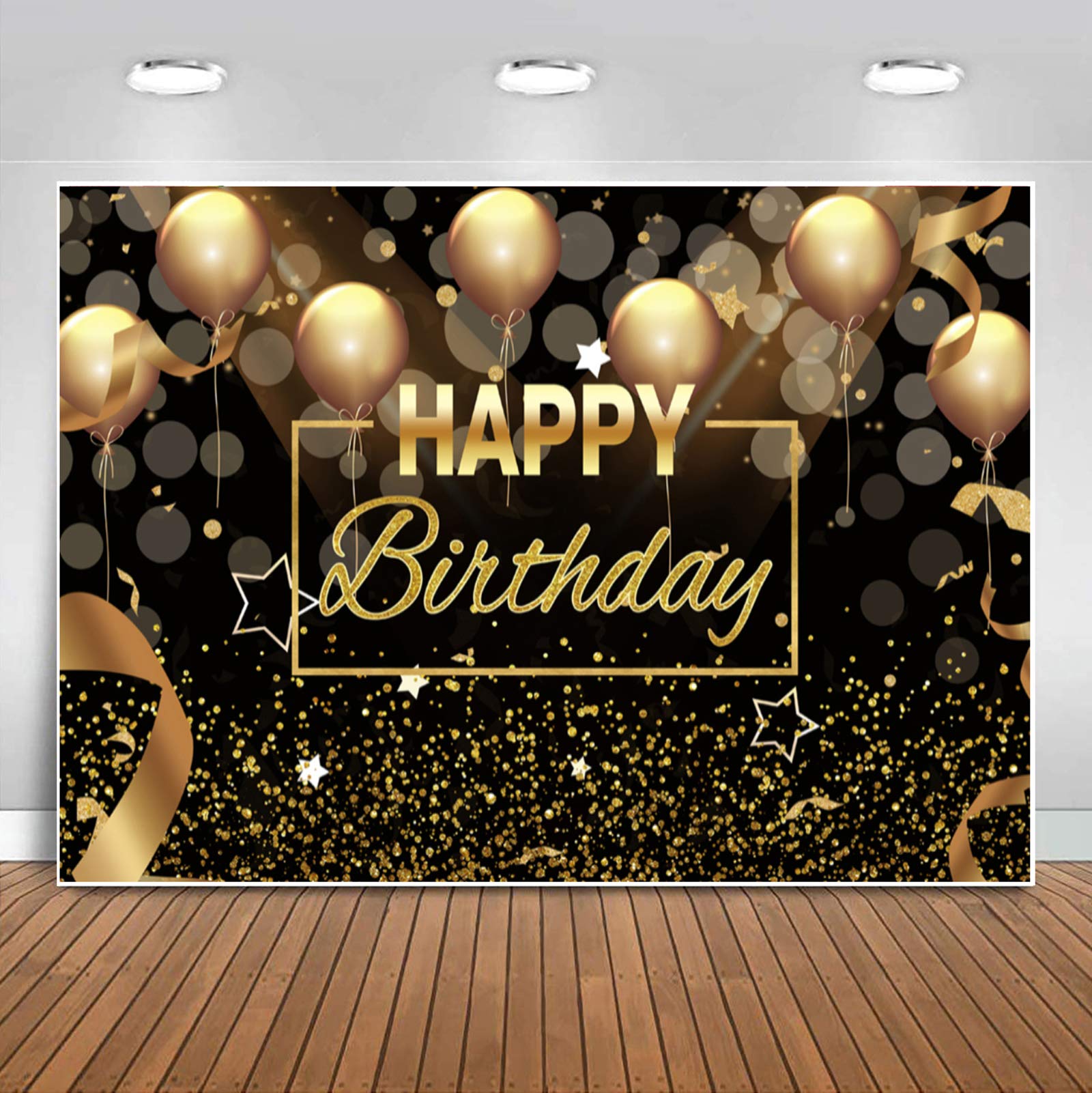 Happy Birthday Party Backdrop Banner - 8x6ft Black & Gold Glitter Balloon Photography Background for Adult Birthday Decorations, Cake Table & Photo Booth | Perfect for Bday Parties, Celebrations & Social Media Photos