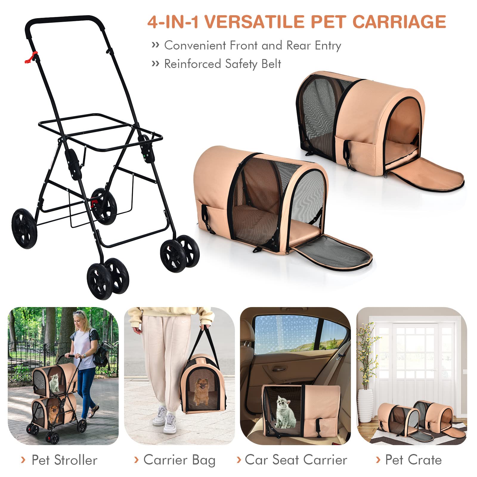 Giantex Double Pet Stroller for Dogs & Cats - 2 Detachable Carrier Bags, Safety Belts, 4 Lockable Wheels - Foldable Travel Carrier for Small/Medium Pets - Perfect for Park Walks, Vet Visits & Shopping Trips (Beige)