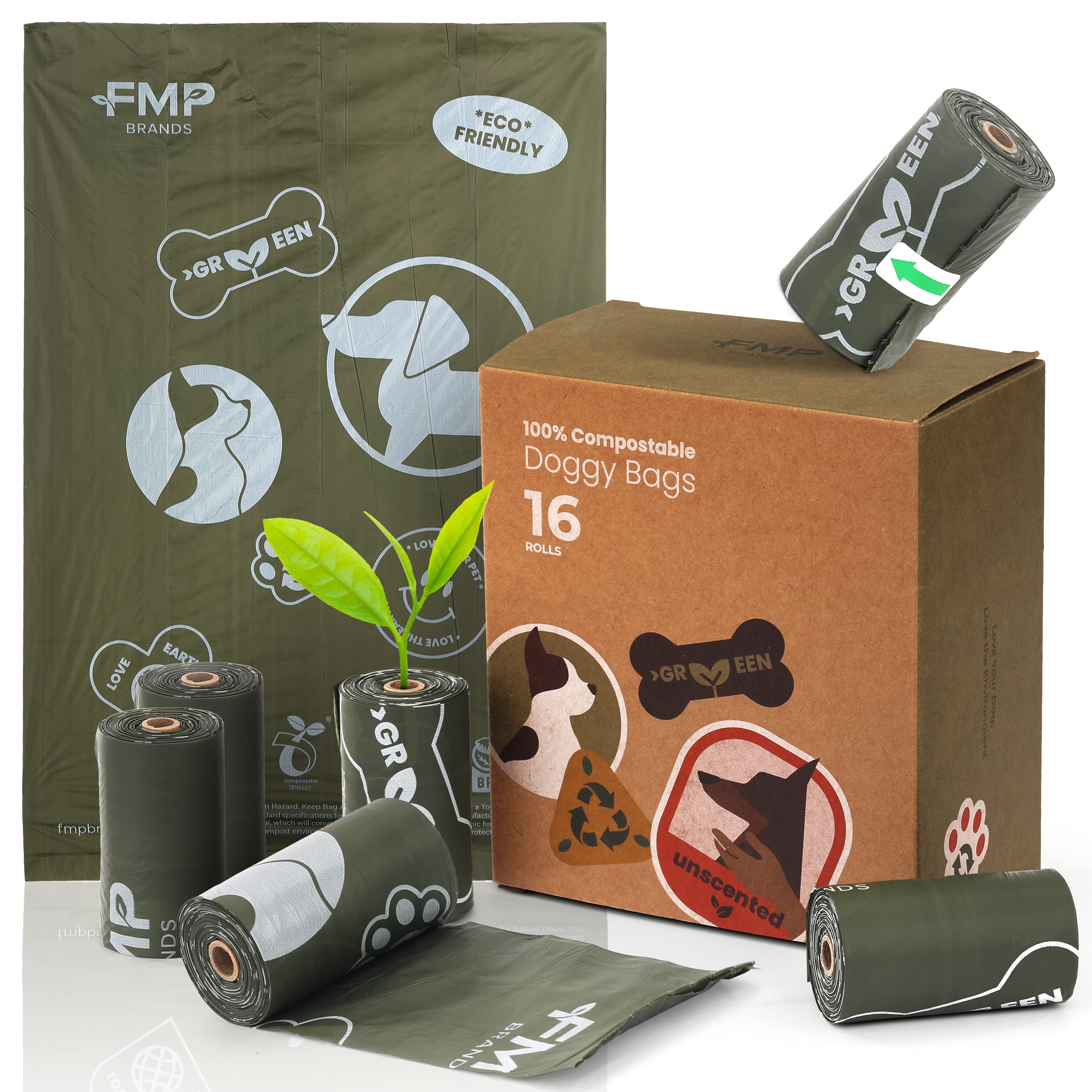 FMP Brands 240 Count 100% Compostable Dog Poop Bags - Leak-Proof Thickened Waste Bags for Large & Small Dogs | 100% Plant-Based, BPI & OK Compost Certified (16 Refill Rolls) | Perfect for Park Walks, Backyard Cleanup & Travel Use