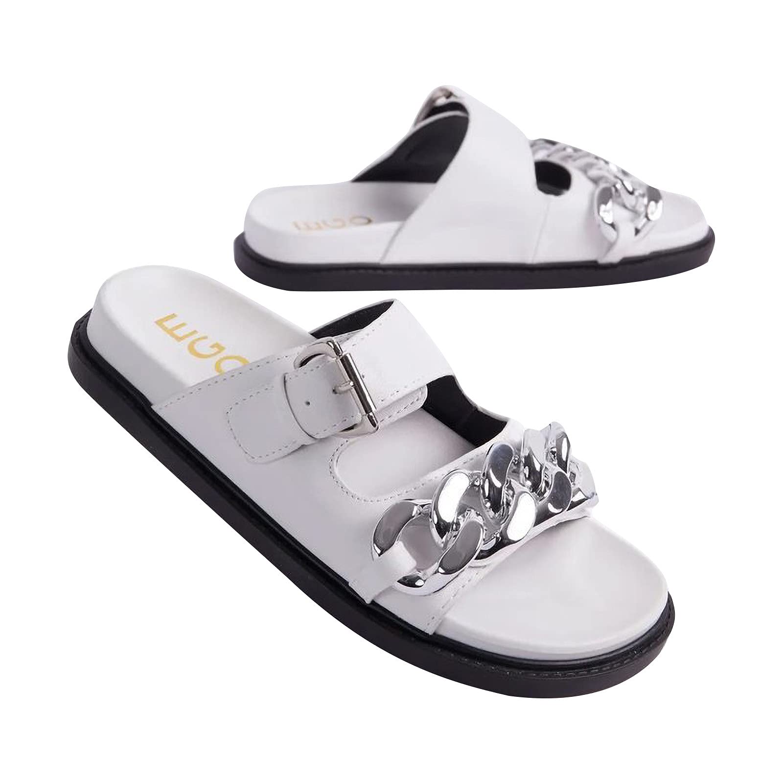 Women's Summer Comfort Slide Sandals - Fashion Double Strap Metal Chain Buckle Flat Slippers for Casual Outerwear | Perfect for Beach, Poolside, and Everyday Wear