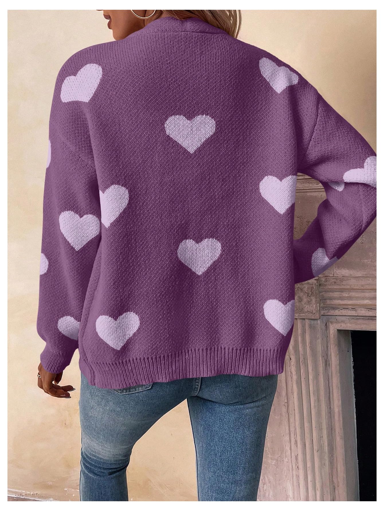 SHENHE Women's Cute Heart Print Button Down Cardigan - Soft V-Neck Sweater Coat for Casual Wear, Office & Date Nights