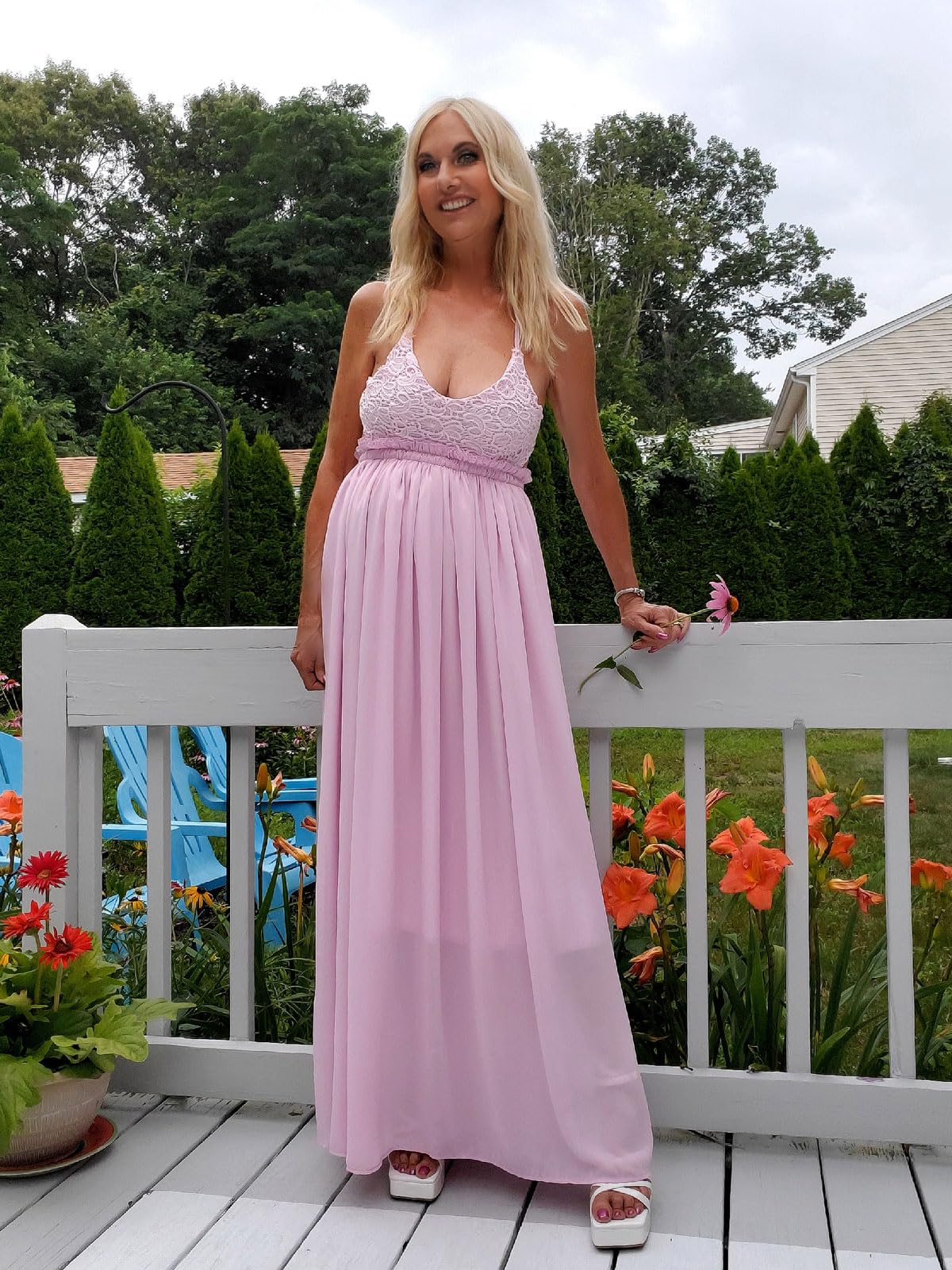 Ladmous Women's V-Neck Floral Lace Wedding Dress - Sleeveless Bridesmaid Gown for Evening Party, Prom, and Formal Occasions