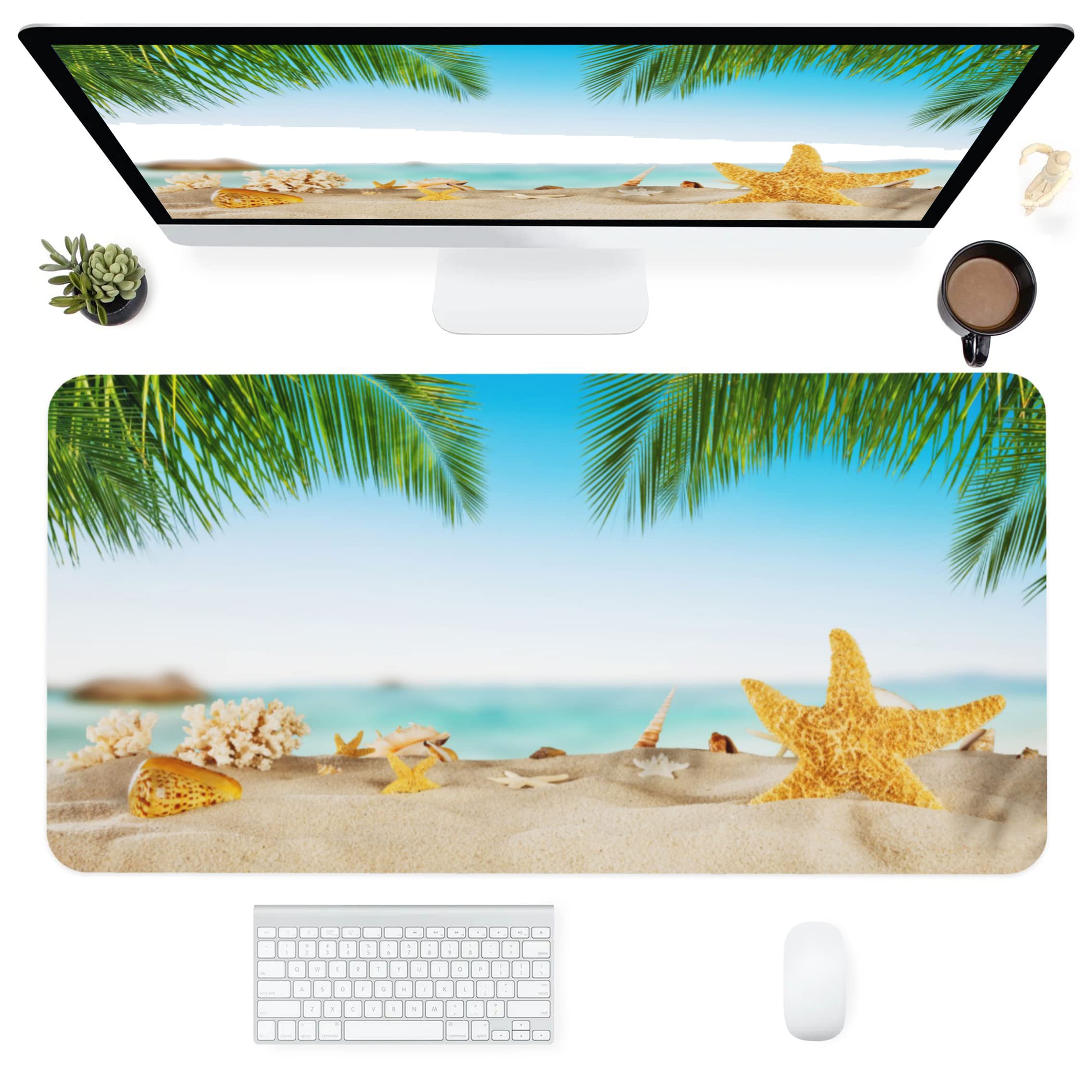 Premium Large Gaming Mouse Pad with Non-Slip Rubber Base - 31.5x15.7 Inch Extended Desk Mat Featuring Beach Starfish Shells Design & Stitched Edges - Perfect for Office Work, PC Gaming, and Computer Use - Ideal for Home Office, Gaming Setup, and Workspace Organization