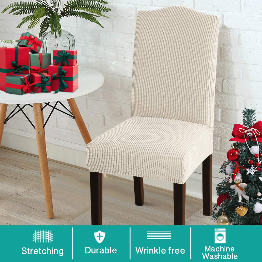 Turquoise Stretch Spandex Dining Chair Covers Set of 4 - Removable Slipcovers for Parson Chairs, Kitchen & Ceremony Use - Biscotti Beige | Perfect for Home, Restaurant & Wedding Decor