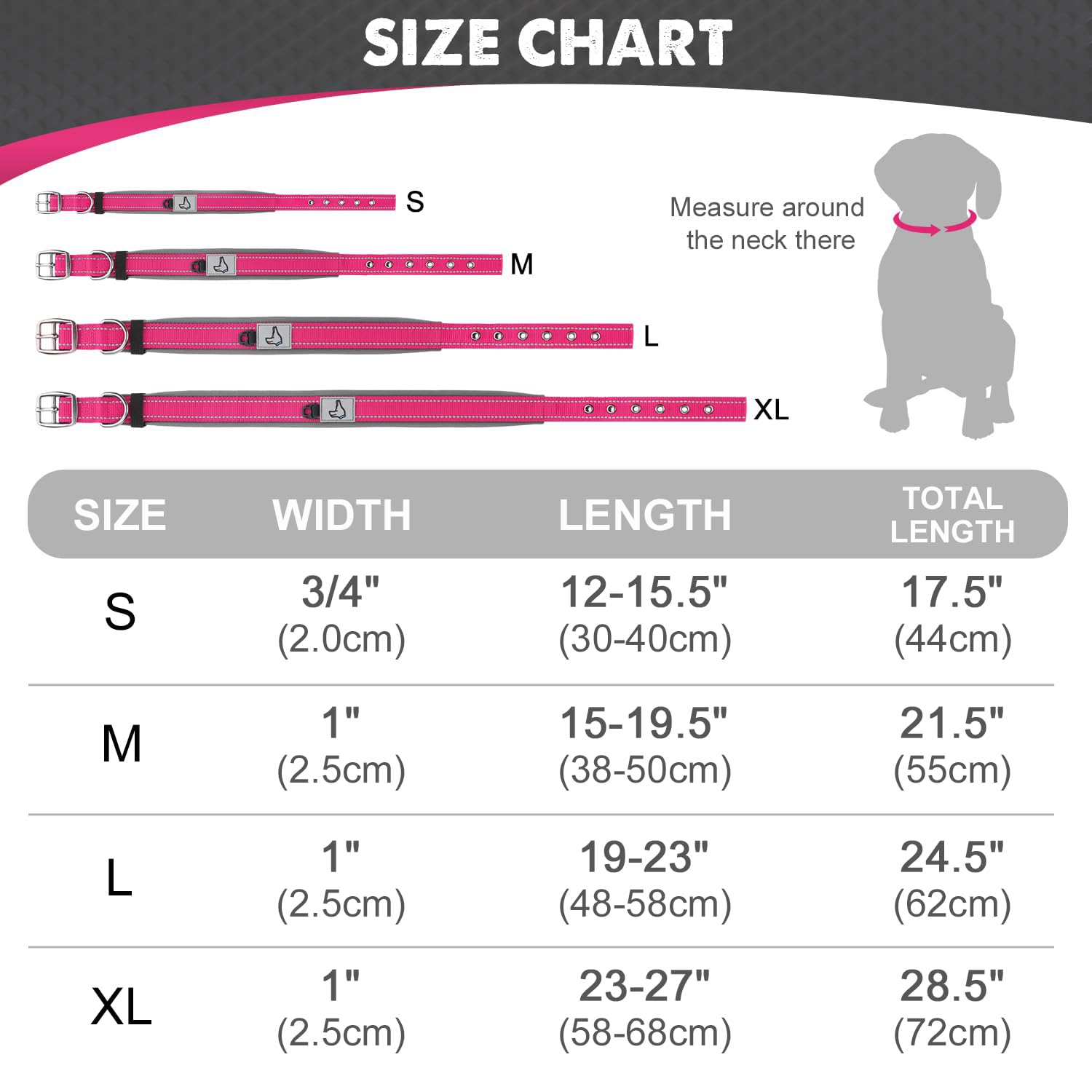 Joytale Adjustable Neoprene Padded Dog Collar for Medium Dogs - Reflective Heavy Duty Pet Collar with Durable Metal Buckle - Hot Pink Size M - Perfect for Walking, Training & Outdoor Adventures